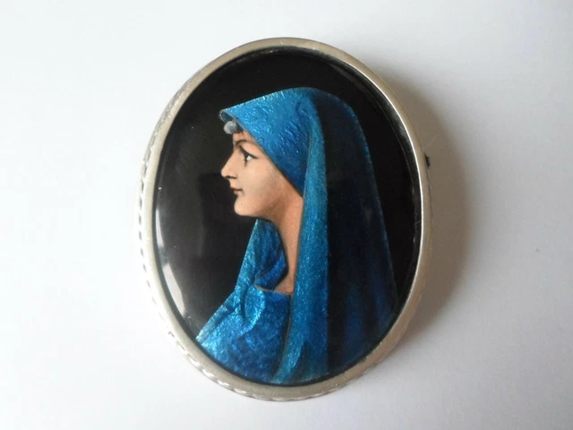 Grosse Broche Ancienne En Porcelaine émaillée - La Vierge Marie - Argent Massif - Occasion