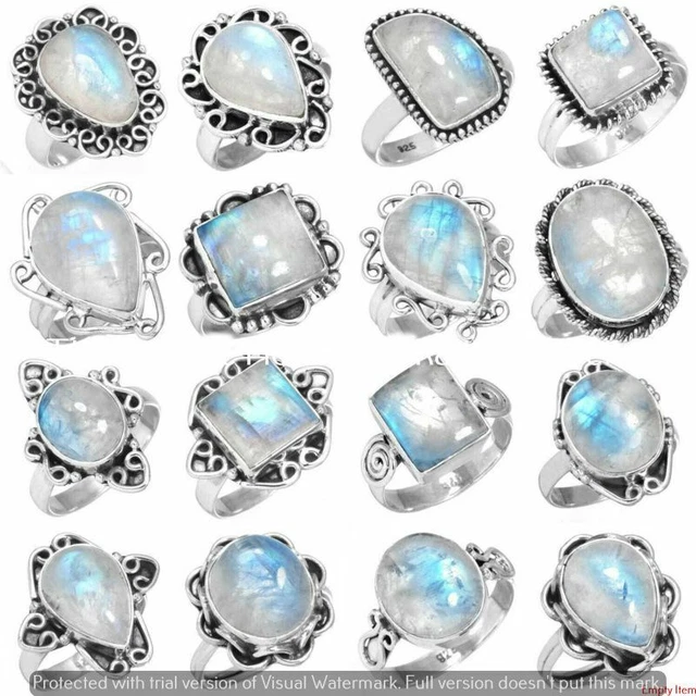 Rainbow Moonstone Gemstone 5 pcs Wholesale Lot 925 Sterling Silver Plated Rings