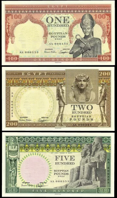 LOT of 3 pcs EGYPT africa 100 200 and 500 - egyptian pounds 2022 year UNC