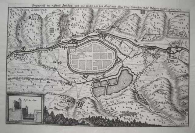 Zwickau Mulde Plan der Belagerung 1641 echter  alter Merian Kupferstich  1650