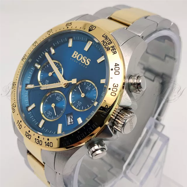 Hugo Boss 1513767 Gold Tone Bezel Blue Dial Chronograph Analog Men's Watch