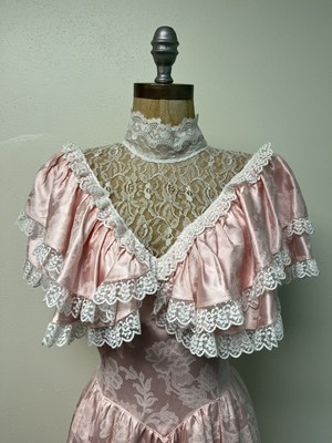 Jessica McClintock Vintage Gunne Sax s 7 Pink White Lace Dress 1980 Barbiecore