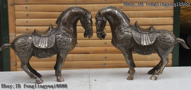 Palace Copper Bronze FengShui Auspicious wealth Dragon Phoenix Horse Statue Pair