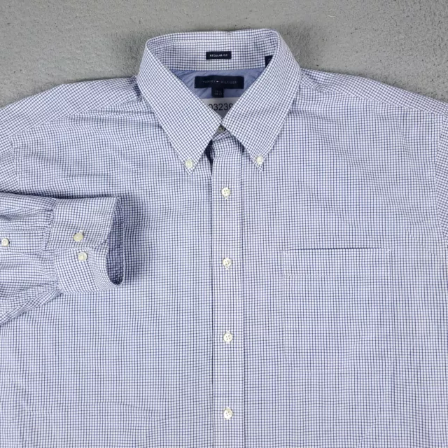 Tommy Hilfiger Shirt Mens 17.5 Blue Check Dress Button Up Long Sleeve