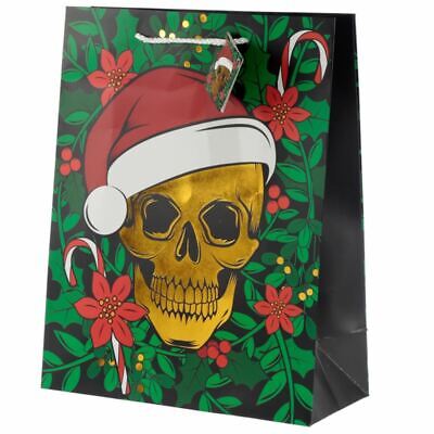 Christmas Skull Metallic Gift Bag - Large, Xmas Gift/Present/Stocking Filler