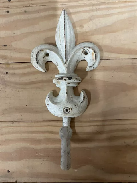Vintage Cast Iron Wall Hook French Fleur De Lis Coat Hat Towel Hanging Rustic