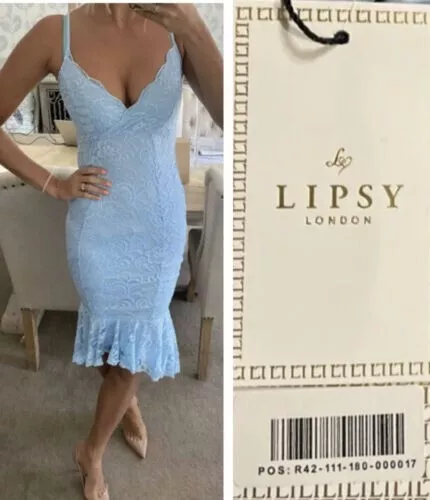 Lipsy Bodycon Dress 14 Blue Lace Wiggle Evening Party Occasion Wedding Prom