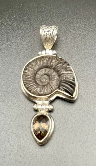 Fossil Ammonite & Smokey Quartz 925 Sterling Silver Pendant 16.3