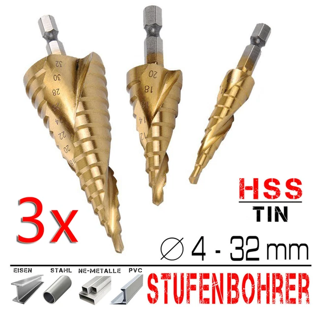 3 Pcs 4-12/20/32mm HSS Fraise Foret Forage à Étage Conique HSS Drill Bit Perçage