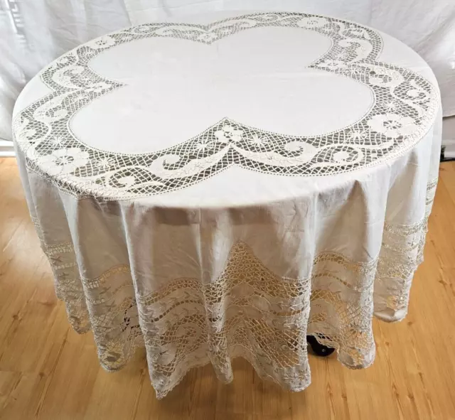 Vintage Round Linen & Bobbin Lace Tablecloth: English Bedforshire/ French Cluny 2