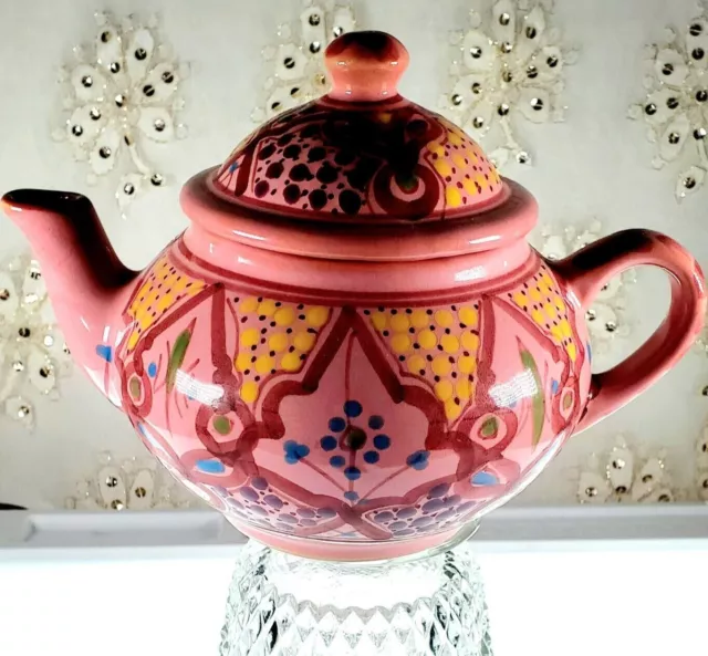 Le Souk Tunisia Hand Painted Pink Wine Ceramic Teapot with Locking Lid RARE