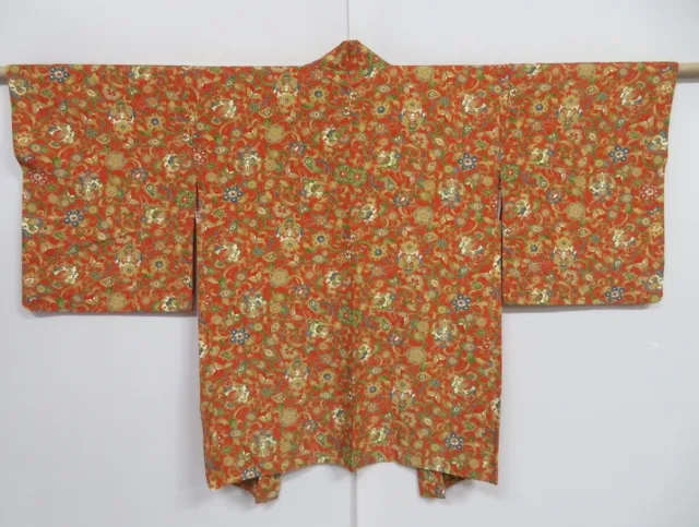 1307i08z550 Vintage Japanese Kimono Silk HAORI Dark orange Bird Flower