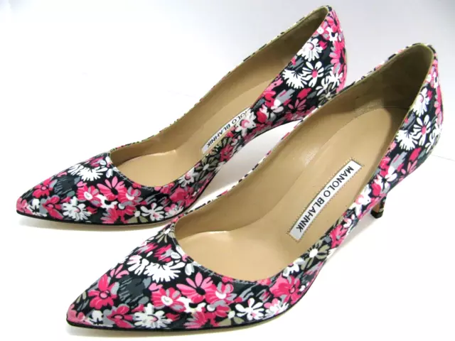 MANOLO BLAHNIK Womens 37.5 US 7.5 Heels Pink Floral Fabric Italian Shoe New $695