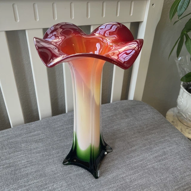 MURANO STYLE ART GLASS HAND BLOWN CALLA LILY VASE TALL Red WHITE GREEN 14" TALL