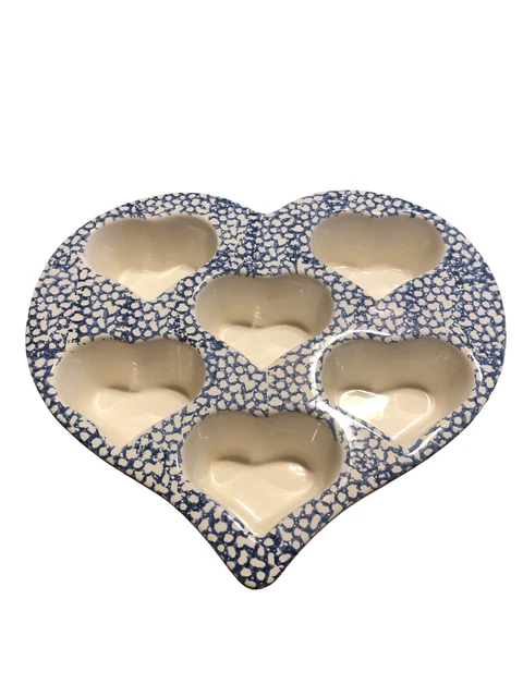Earth Ware-Blue Spongeware-Heart Shaped Muffin/Cupcake Pan/Baking Dish 