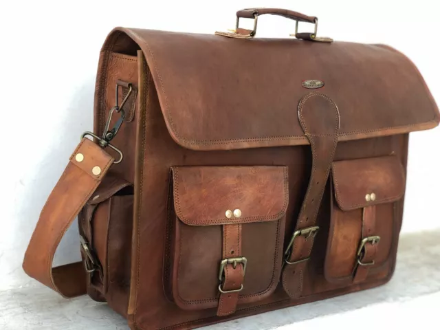 18" Hombre Grande Cuero Interior Mensajero de Lona Real Cartera Bolsa Portátil 3