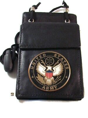 USA ARMY BLACK GENUINE LEATHER ID / BADGE HOLDER POUCH with adjustable lanyard