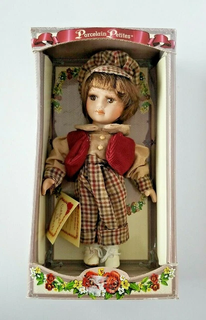 Dandee Genuine Fine Bisque Porcelain 9" Petite Boy Doll w/ Plaid Clothes