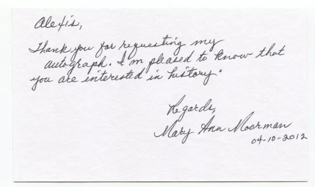 Mary Ann Moorman Signed 3x5 Index Card Autograph JFK Assassination Witness