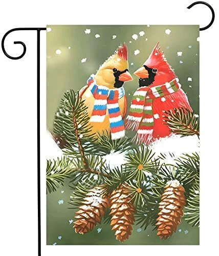 Winter Snow Birds with Scarfs Hats Cardinal Pinecone Garden Yard Flag 12"x 18...