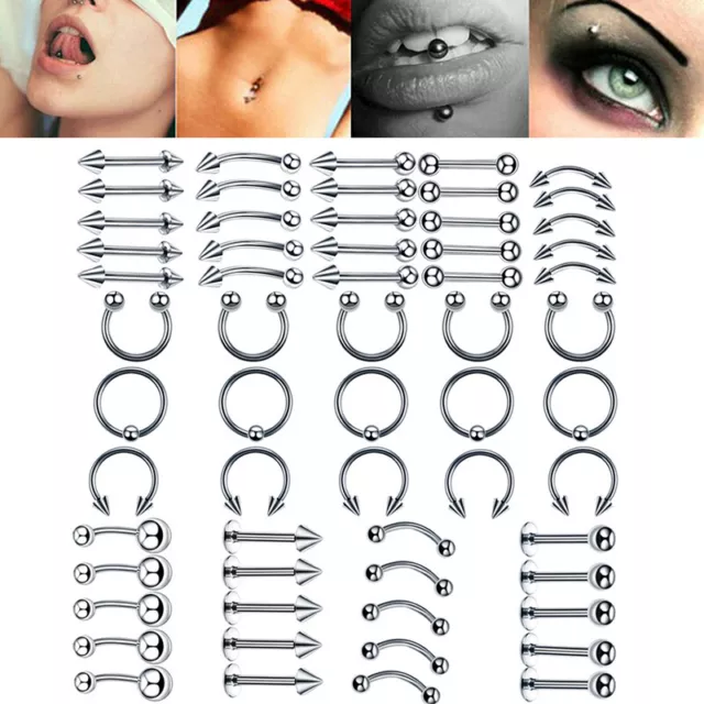 60Pcs Steel Mixed Nose Lip Eyebrow Tongue Belly Bar Ring Body Piercing JeweY YT