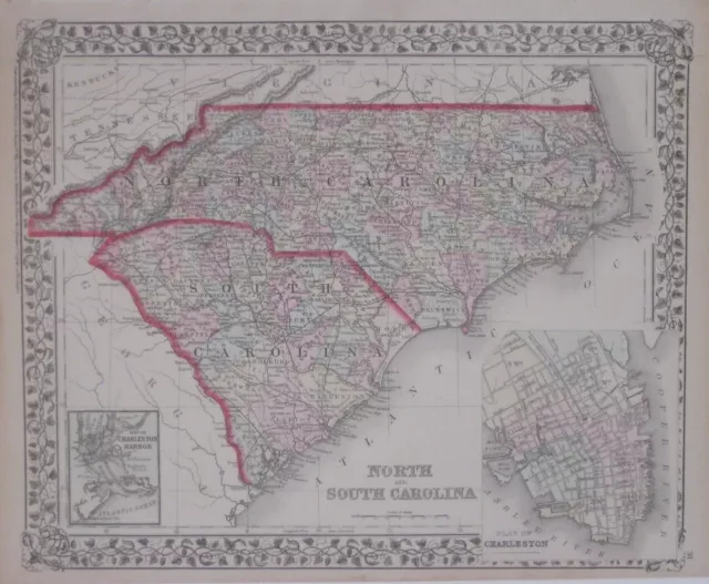 Original 1874 Mitchell Map NORTH & SOUTH CAROLINA Charleston Cape Fear Asheville
