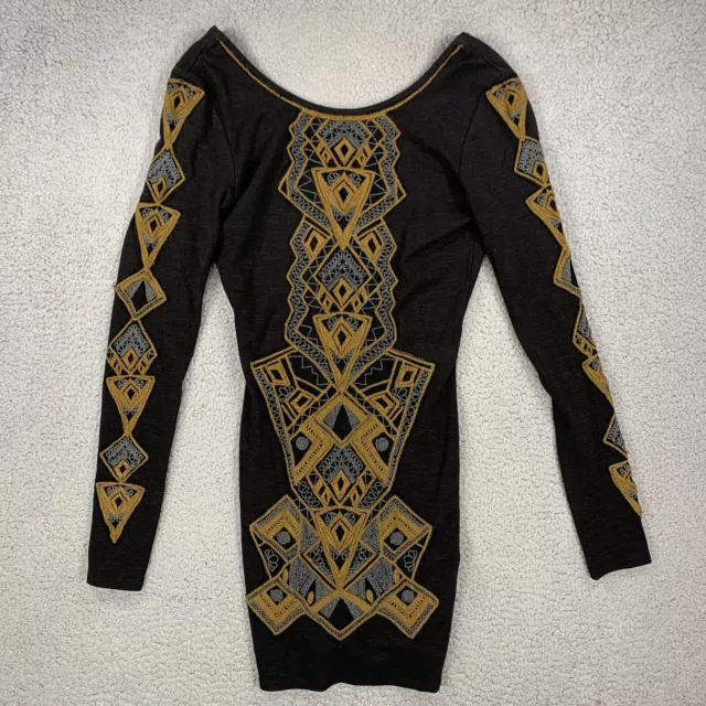 Free People Art Deco geometric Aztec embroidered bodycon long sleeve Dress Small