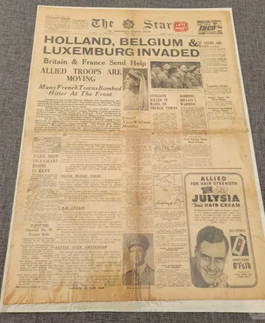 The Star Ww2 Holland Belguim Luxemburg Invaded  16Th May 1940 Newspaper