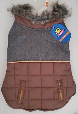 Top Paw Dog's Brown Gray Coat Faux Fur Collar Lined Sz Med Hook & Loop Close NWT