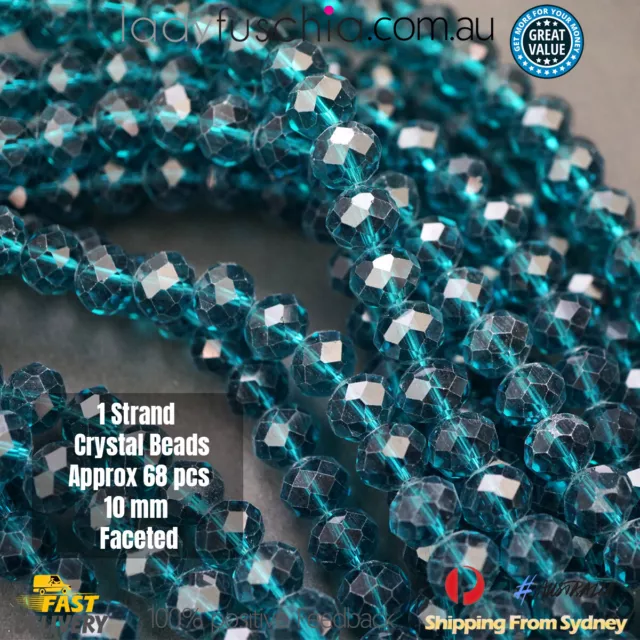 1 Strand 10mm D Teal Rondelle Faceted Glass Crystal Beads Multiple Colour 68PCs