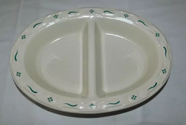 Longaberger Pottery Woven Traditions Oval Divided Serving Dish Green Trim