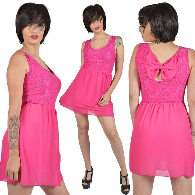 Vestito donna corto rosa mini abito sexy elegante estivo trasparente da impero