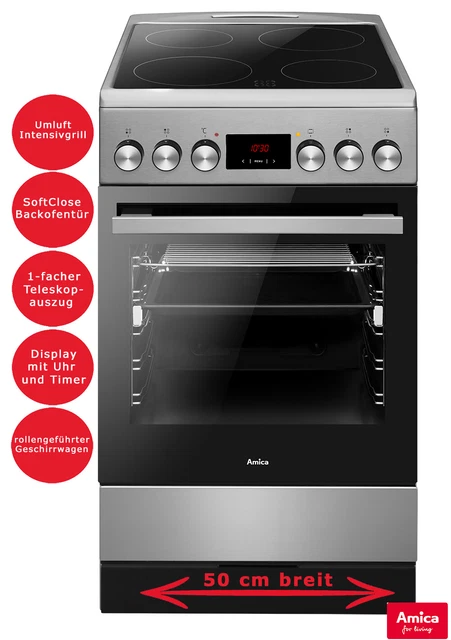 Amica Standherd 50 cm Umluft Glaskeramik Kochfeld Teleskopauszug Timer Softclose