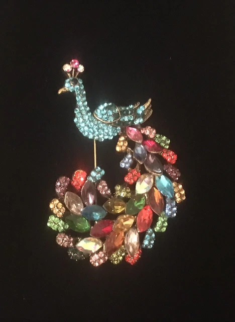 Colorful  Rainbow Of  Rhinestones  Peacock Brooch Pin 2.5” Long