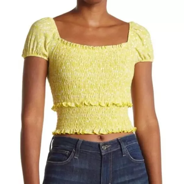 NWT Lush Yellow Print Short Puff Sleeve Smocked Crop Top Women's Size Large