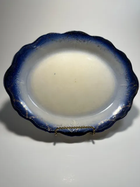 Antique Flow Blue Platter Unmarked 12.5” Gold Floral Pattern on Edge