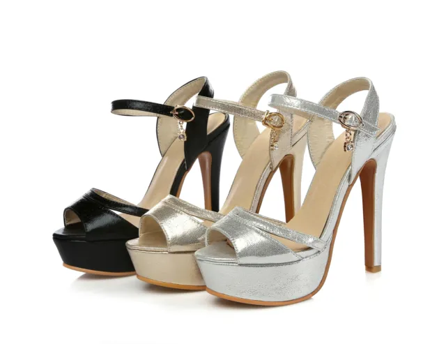 Women's High Heel Platform Shoes Peep Toe Pumps Faux Leather Ankle Strap Sandals