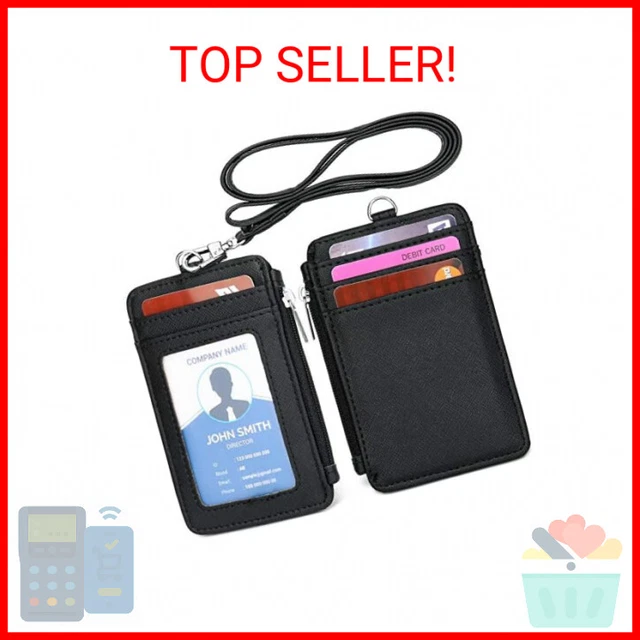 Leamekor ID Badge Holder with Neck Lanyard PU Leather ID Badge Wallet Case with