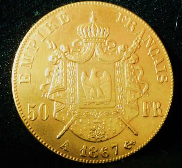 50 francs 1867 Napoléon III pièce de démonstration exemplaire en plaqué or