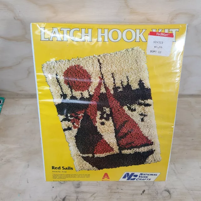 National Yarn Crafts Vintage Latch Hook Rug Design Kit Red Sails 1980 Sailboat