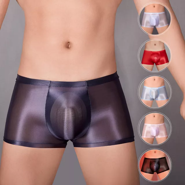 Men Sexy Sheer Glossy Shiny Underwear Boxer Shorts See Through Briefs Underpants