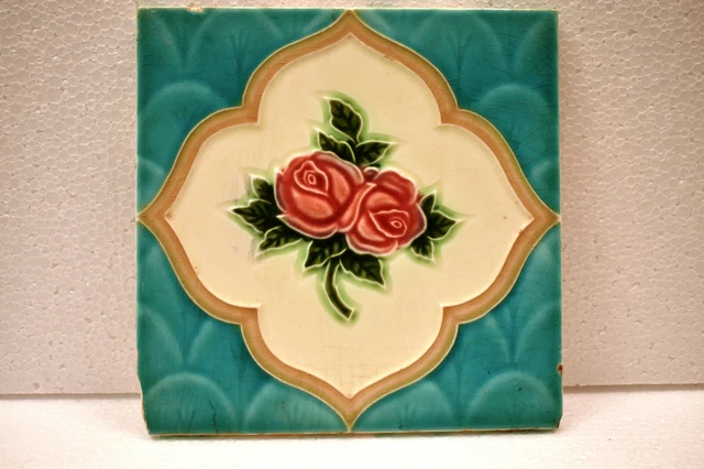 Antique Tile Japan Majolica Art Nouveau Porcelain Floral Rose Architecture "J71 2