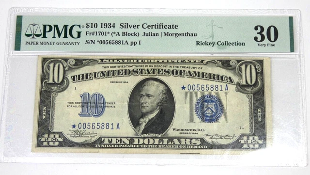 Series 1934*STAR $10 Blue Seal Silver Cert Note PMG 30 VERY FINE Fr#1701*