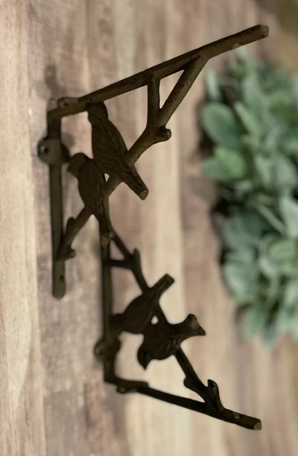 Pair 2 Cast Iron Antique-Rust Brown BIRD on BRANCH Brackets Braces Shelf corbels 12