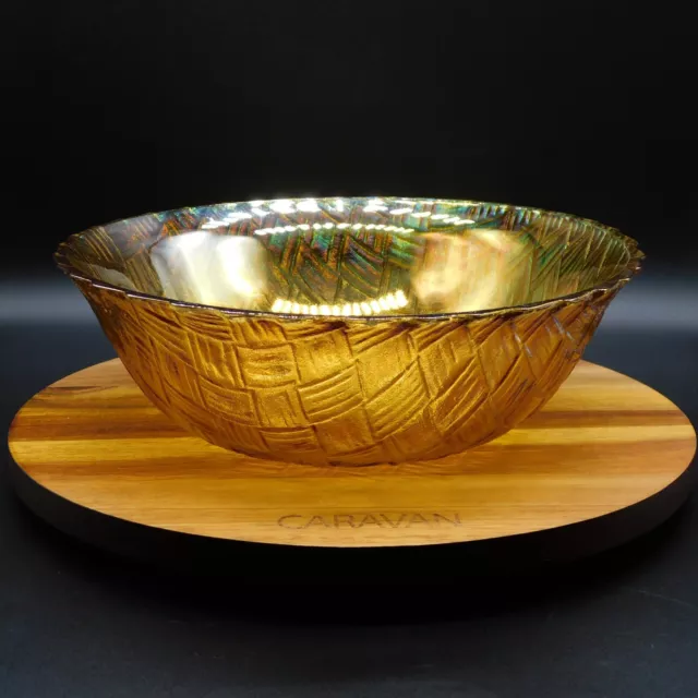 Vintage Indiana Gold Iridescent Carnival Glass Basket Weave Pattern Bowl Dish 9"