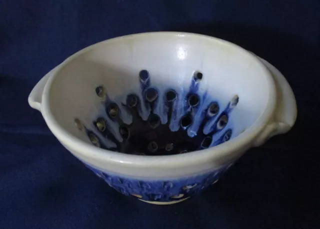 Art Pottery Handmade Studio Berry Bowl Colander Drip Glaze Blue/White Signed