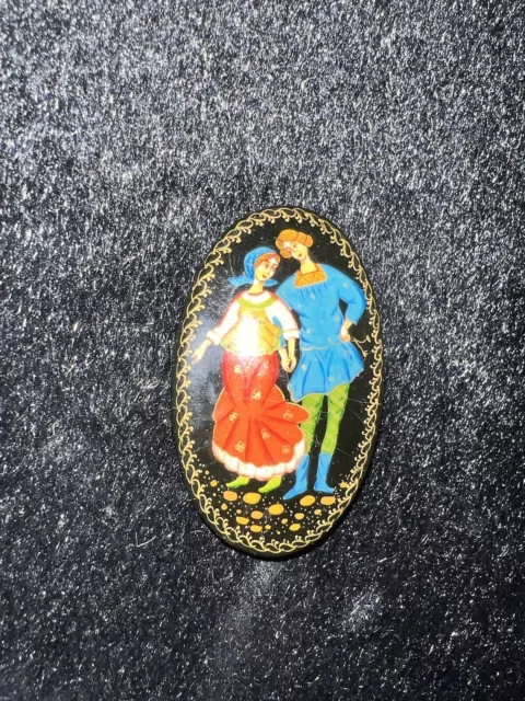 Vintage Russian Black Lacquer Figural Brooch Hand Painted Oval Pin