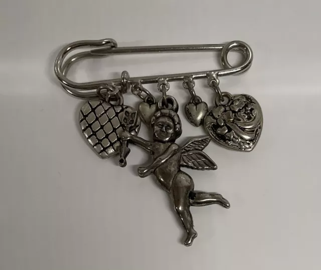 Safety Pin Brooch Dangle Charms Cherub Cupid Hearts Silver Faux Jewel 1980s