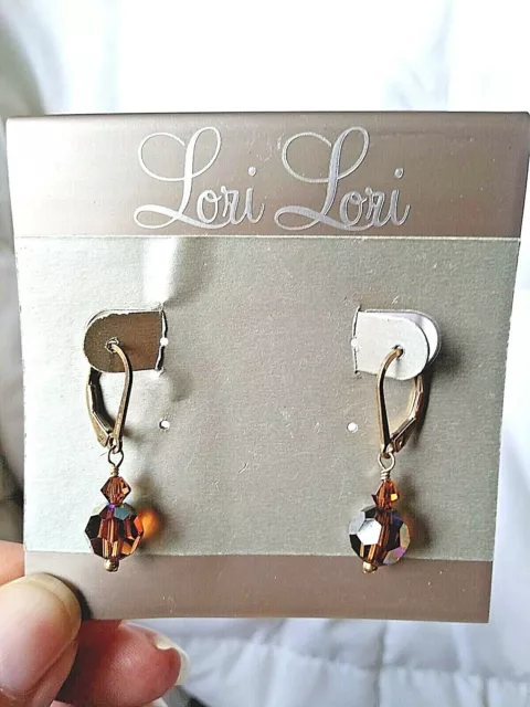 Lori Lori 14kt Gold Filled Short Dangle Earrings 2 Honey Brown Crystals #134