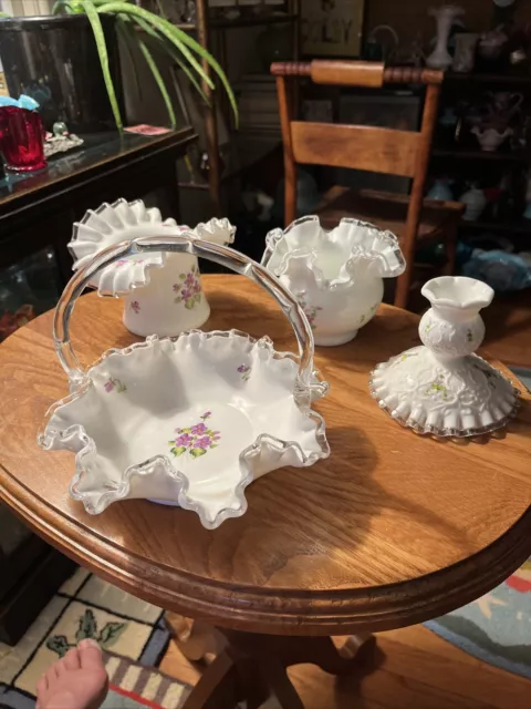 FOUR Pieces Fenton Violets in the snow Basket Rose Bowl Hat Vase and Candlestick